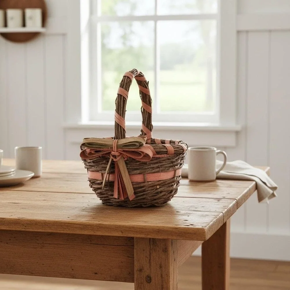 Vintage Rustic Twig‎ Woven Basket Pink Raffia Bow Small Decorative 10x8x6